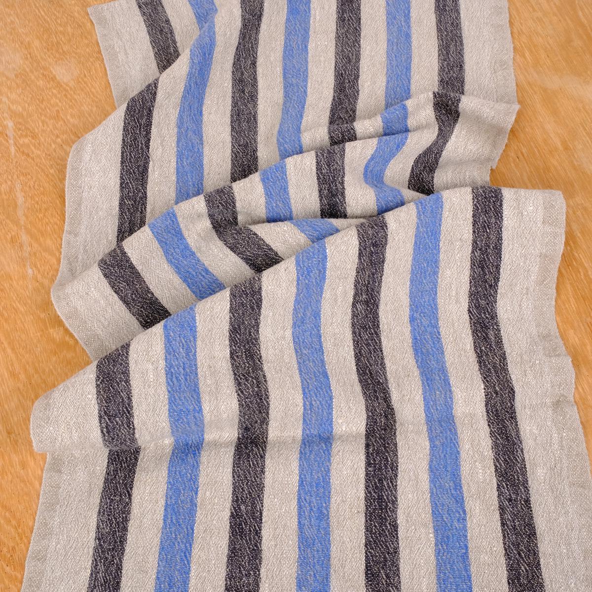 Black blue natur - sack weave - linen fabric - French stripes - 036Z