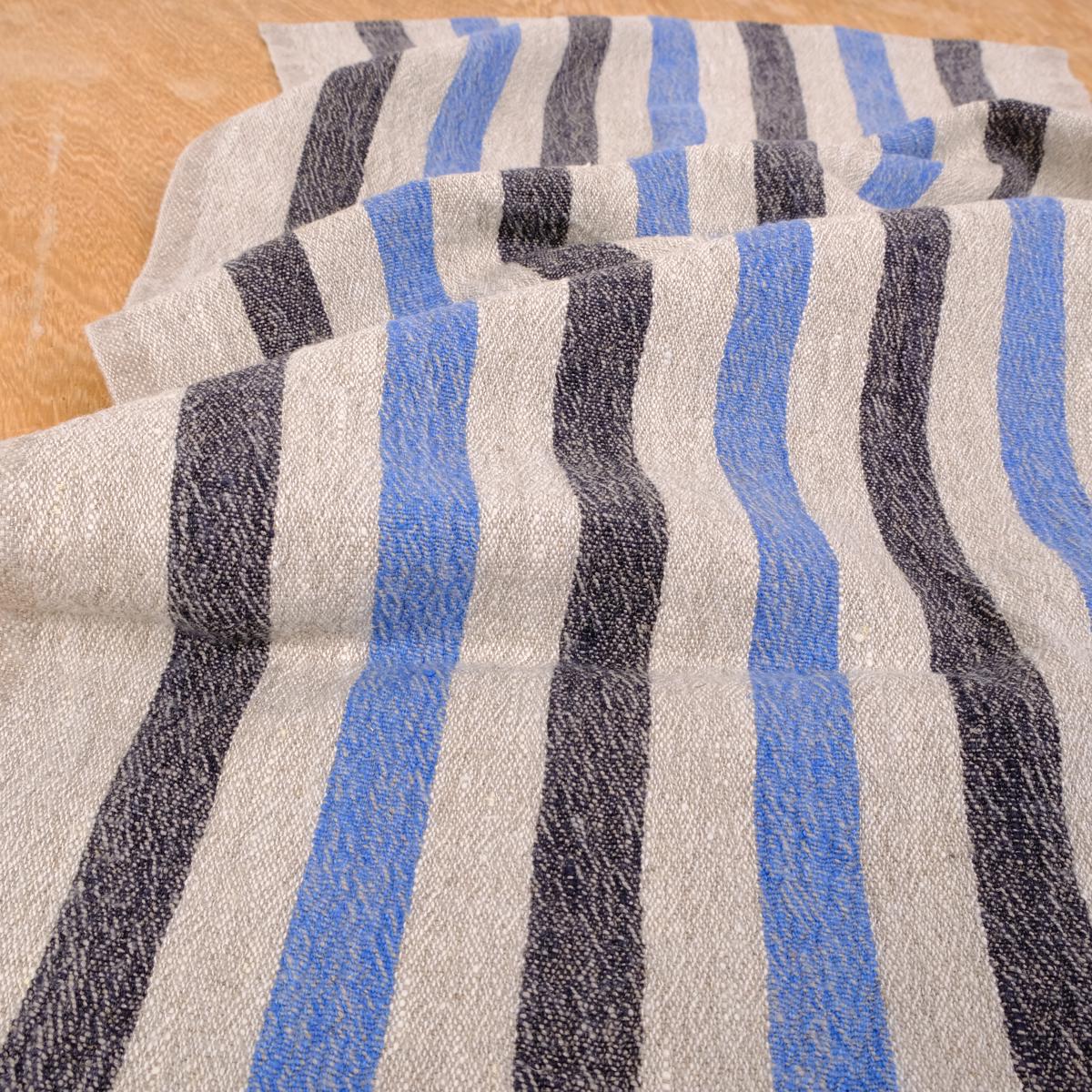 Black blue natur - sack weave - linen fabric - French stripes - 036Z