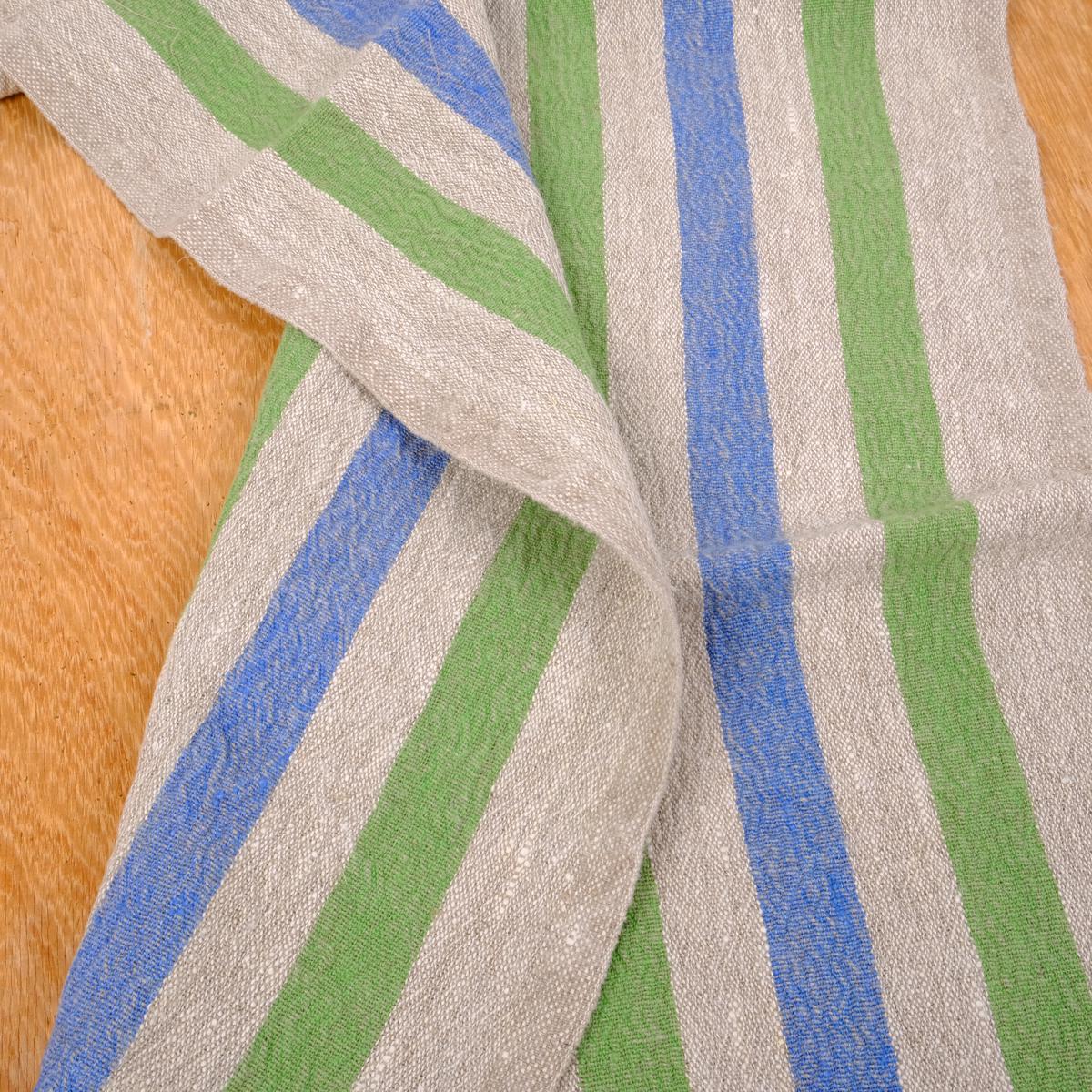 Green blue natur - sack weave - linen fabric - french stripes - 037Z