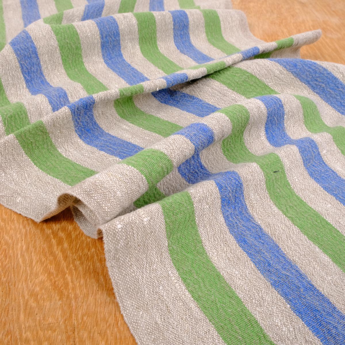 Green blue natur - sack weave - linen fabric - french stripes - 037Z
