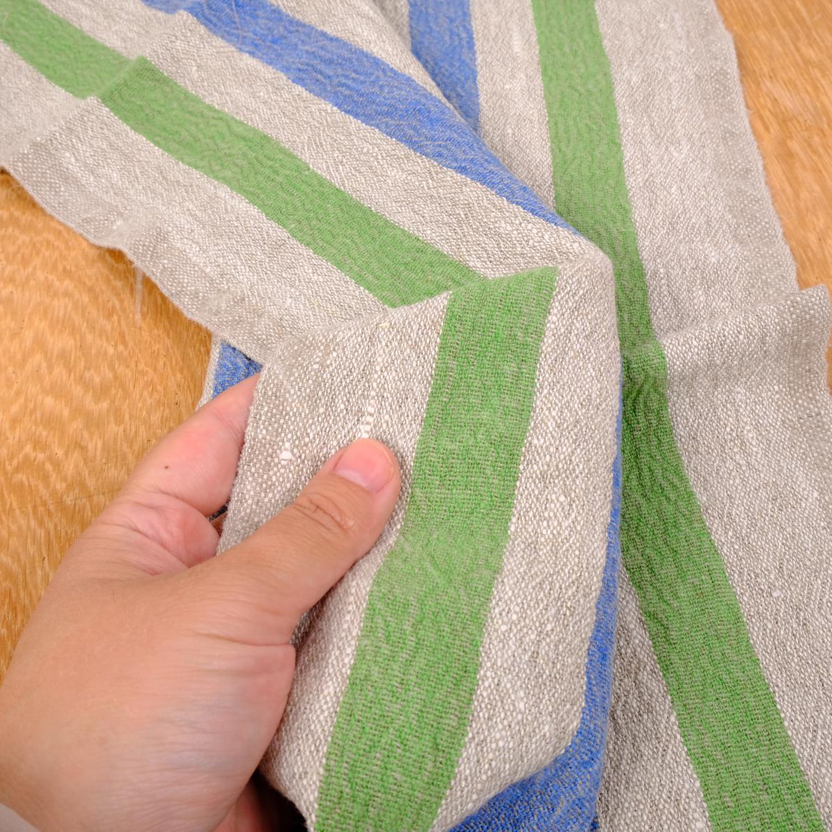 Green blue natur - sack weave - linen fabric - french stripes - 037Z