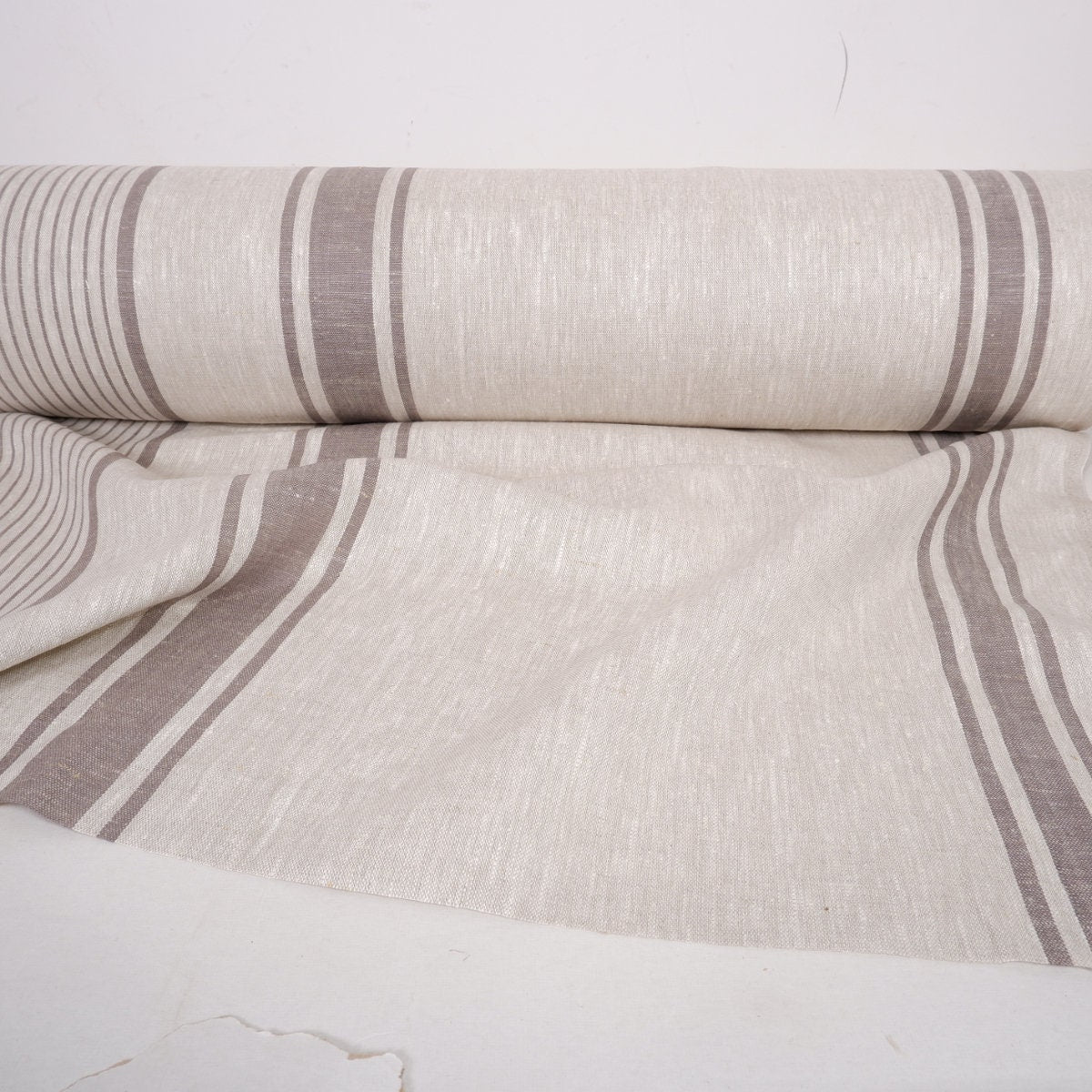 French Natural Linen Fabric with Grey Stripes , 100% linen Classic Textile for Home Decor and Crafts, Not Softened Heavyweight Linen Fabric.