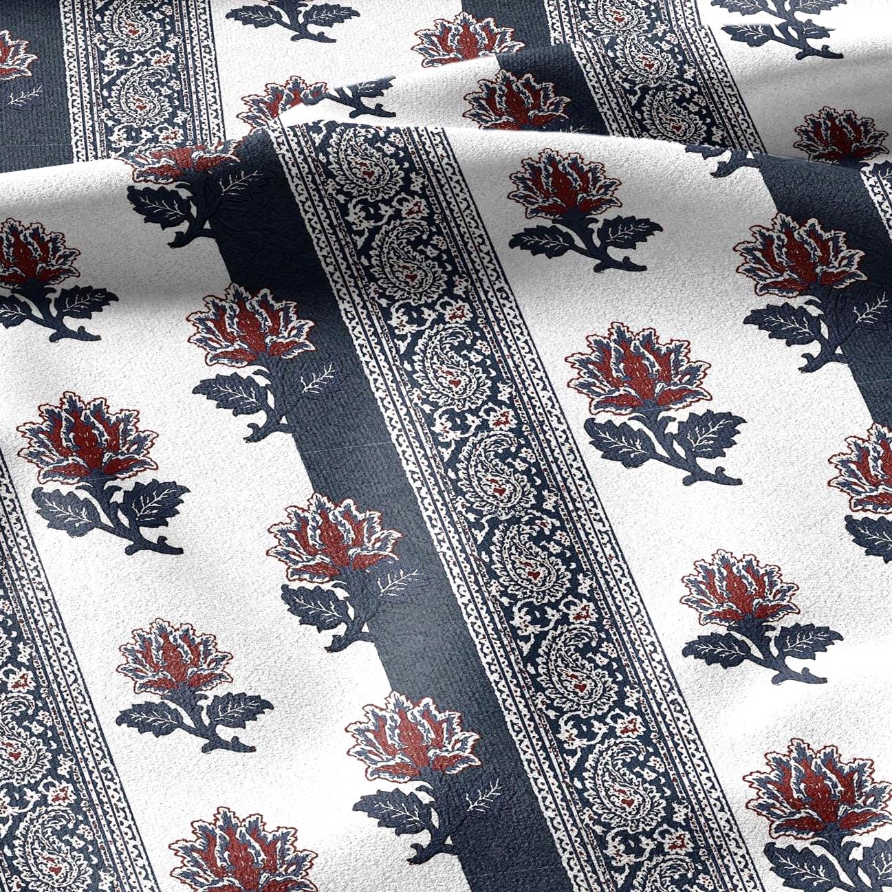 100% linen fabric blue white paisley stripe print - Vintage floral botanical modern Victorian 3421
