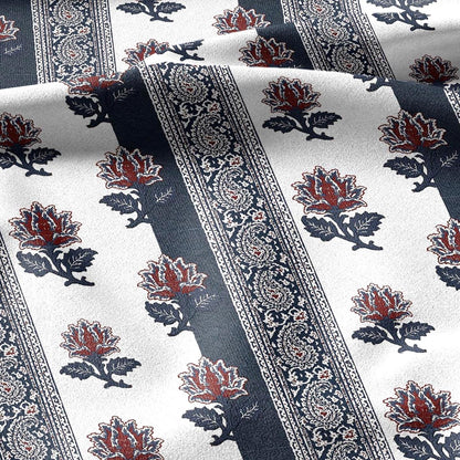 100% linen fabric blue white paisley stripe print - Vintage floral botanical modern Victorian 3421