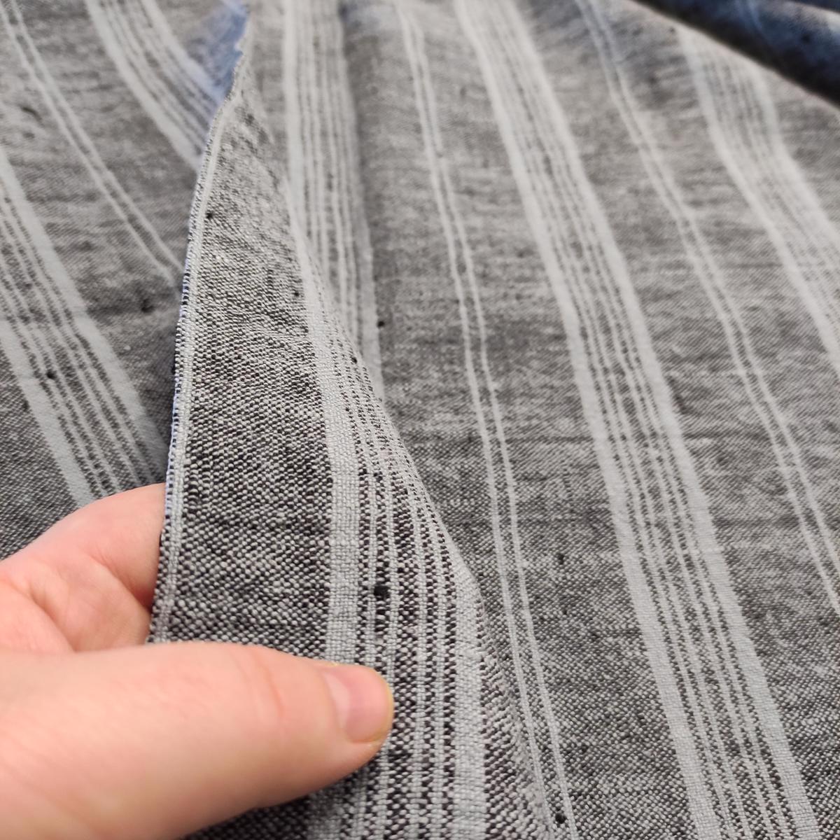 Multistriped  - black and ice blue -  linen fabric - 426H