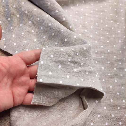 White Polka dot print on natural - linen fabric - 393P