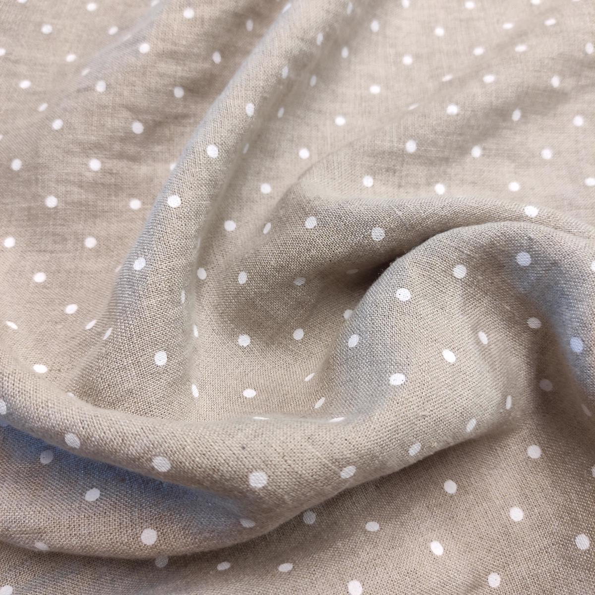 White Polka dot print on natural - linen fabric - 393P