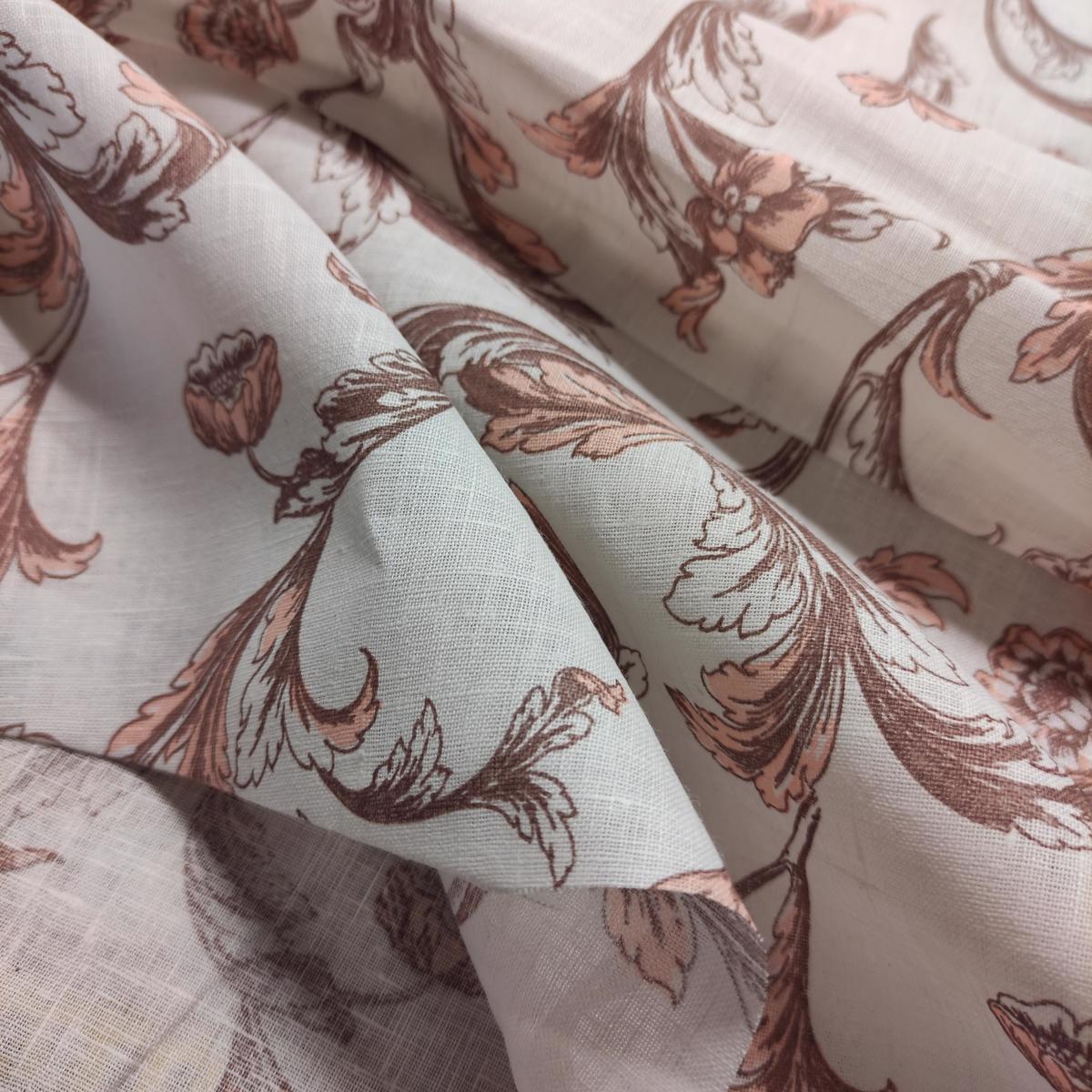 Brown floral on white linen - wide line fabric - 098P