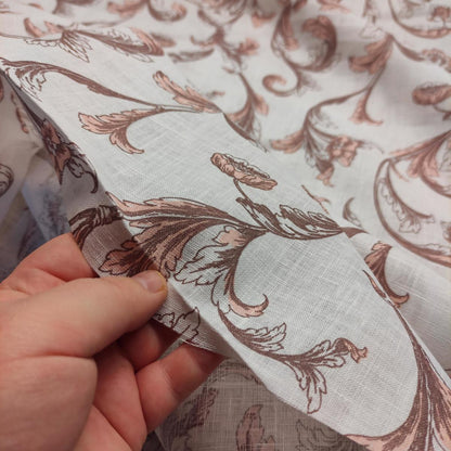 Brown floral on white linen - wide line fabric - 098P