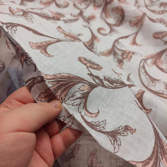 Brown floral on white linen - wide line fabric - 098P