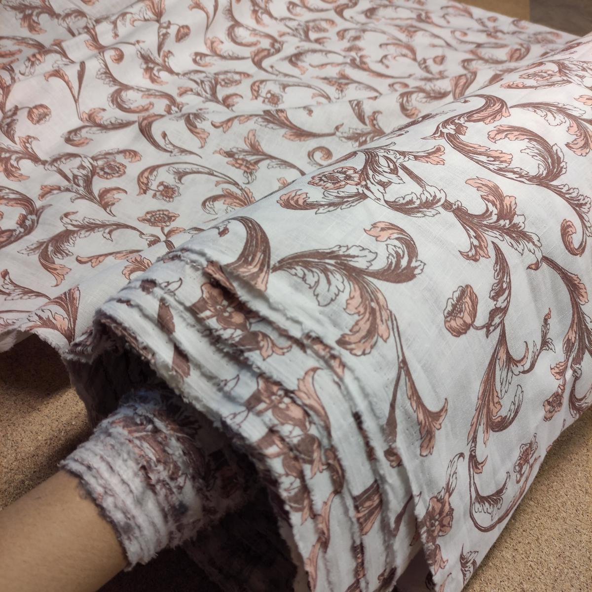 Brown floral on white linen - wide line fabric - 098P