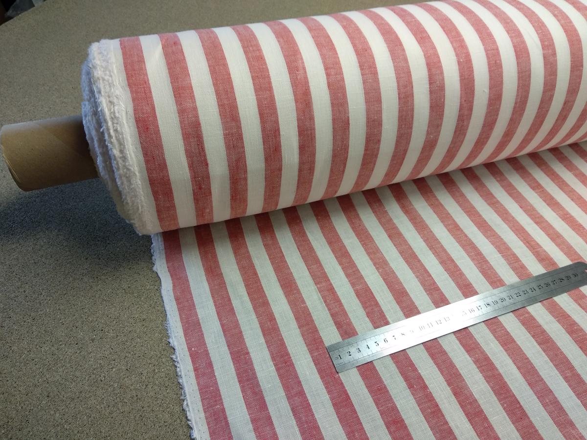 Striped white red - linen fabric - 223M