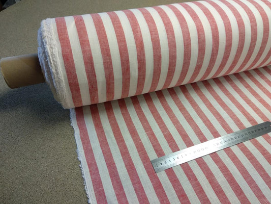 Striped white red - linen fabric - 223M