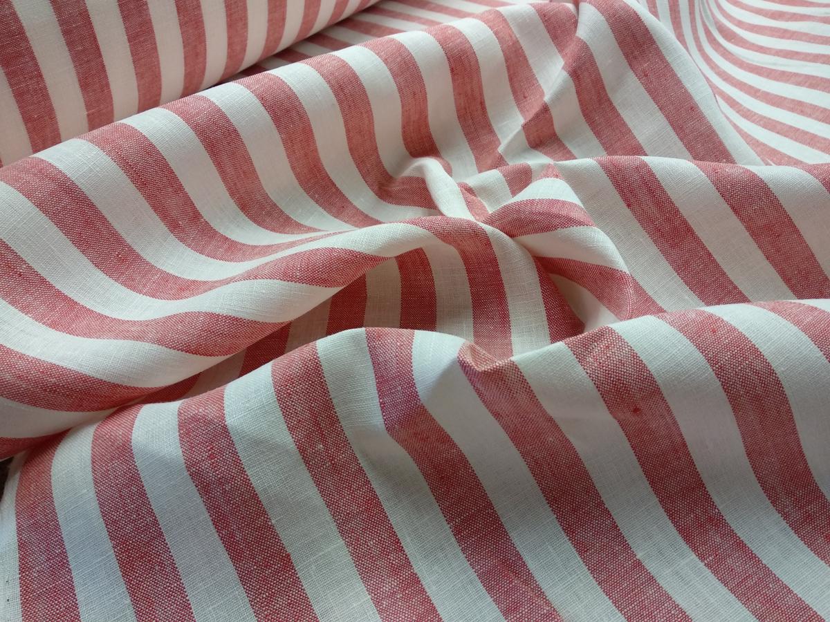 Striped white red - linen fabric - 223M