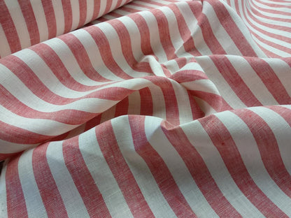 Striped white red - linen fabric - 223M
