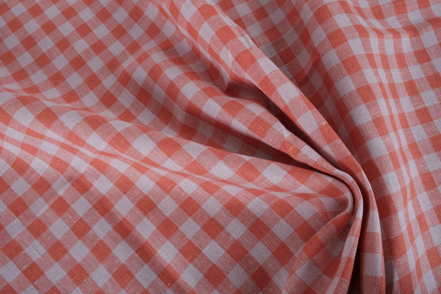 Classic orange grey check - linen fabric - 417M