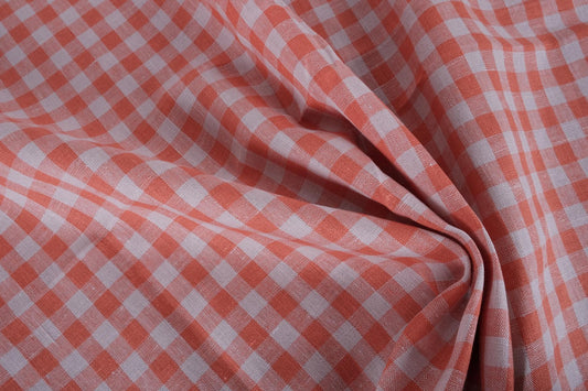 Classic orange grey check - linen fabric - 417M