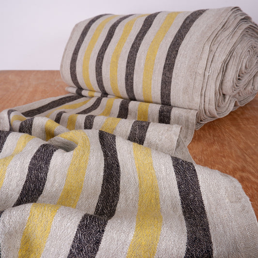 Yellow black natur - sack weave - linen fabric - French stripes - 439A