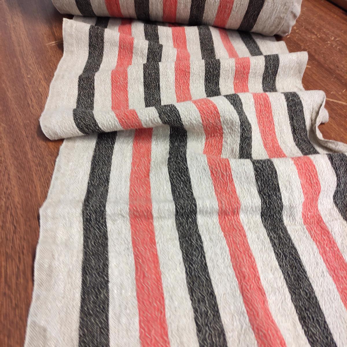 Red black natur - sack weave - linen fabric - French stripes - 435A