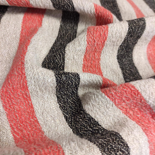 Red black natur - sack weave - linen fabric - French stripes - 435A