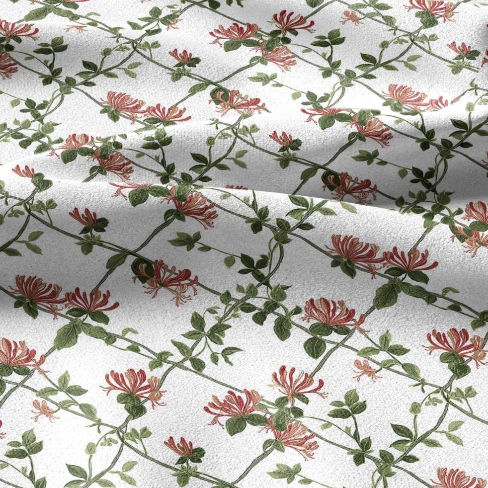100% linen fabric honeysuckle trellis print - Vintage floral botanical modern Victorian  green pink white 3357
