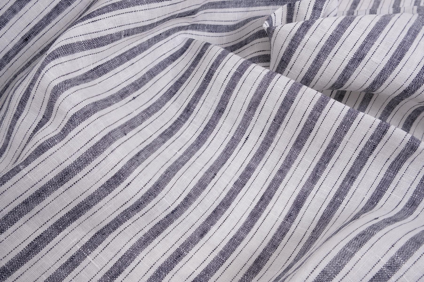 Navy blue offwhite striped - linen fabric  - 022Z