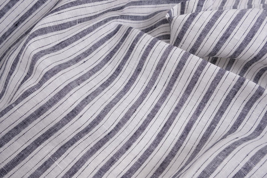 Navy blue offwhite striped - linen fabric  - 022Z