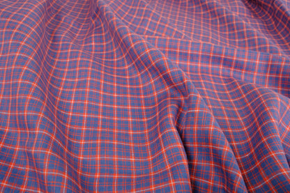 Checked light linen fabric - blue red - 071M
