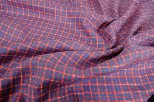 Checked light linen fabric - blue red - 071M