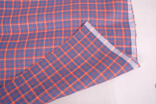 Checked light linen fabric - blue red - 071M