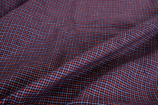 Checked light linen fabric in black - grey red - 070M