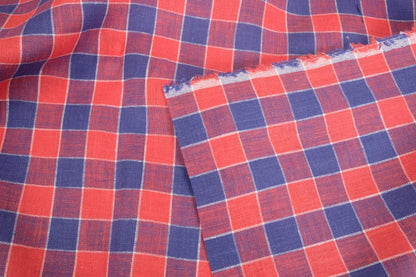 Checked light linen fabric - blue red - 068M