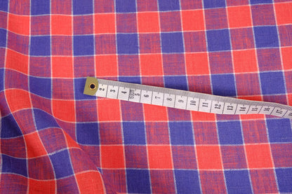 Checked light linen fabric - blue red - 068M