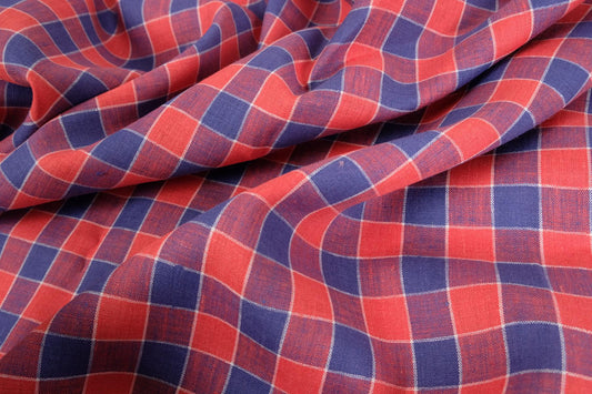 Checked light linen fabric - blue red - 068M
