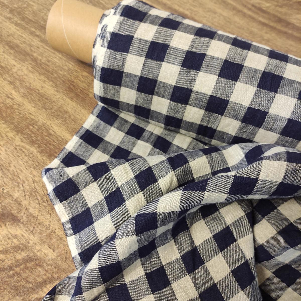 Gingham navy and grey - linen fabric - 400M