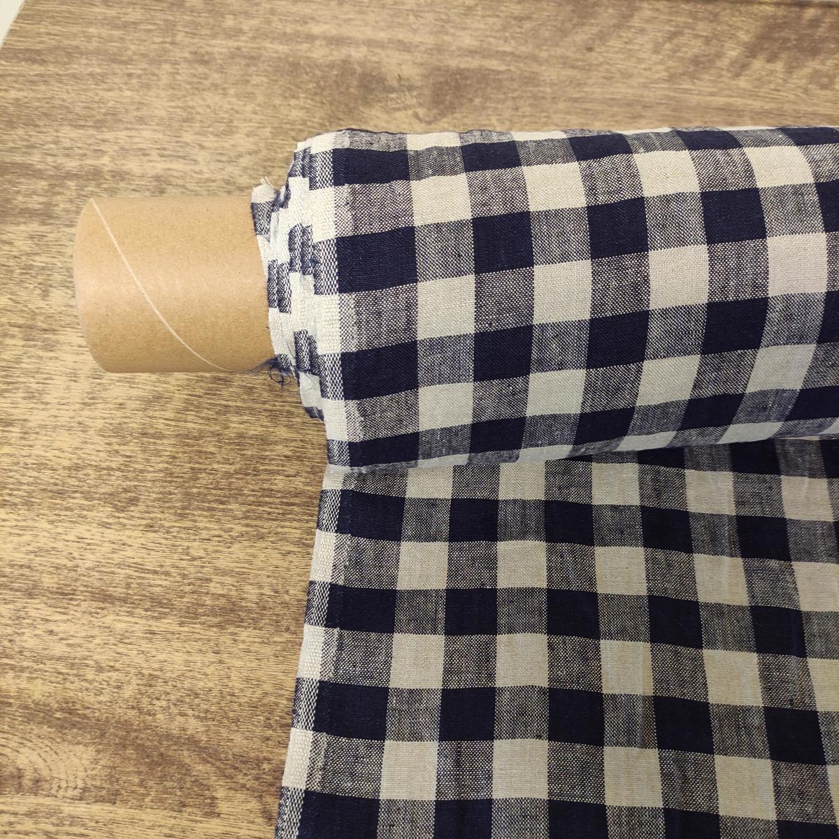 Gingham navy and grey - linen fabric - 400M