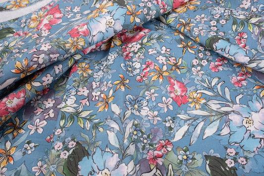 Floral  blue print linen fabric - 9903P