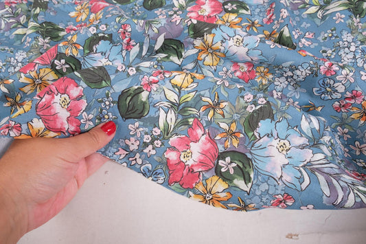 Floral  blue print linen fabric - 9903P