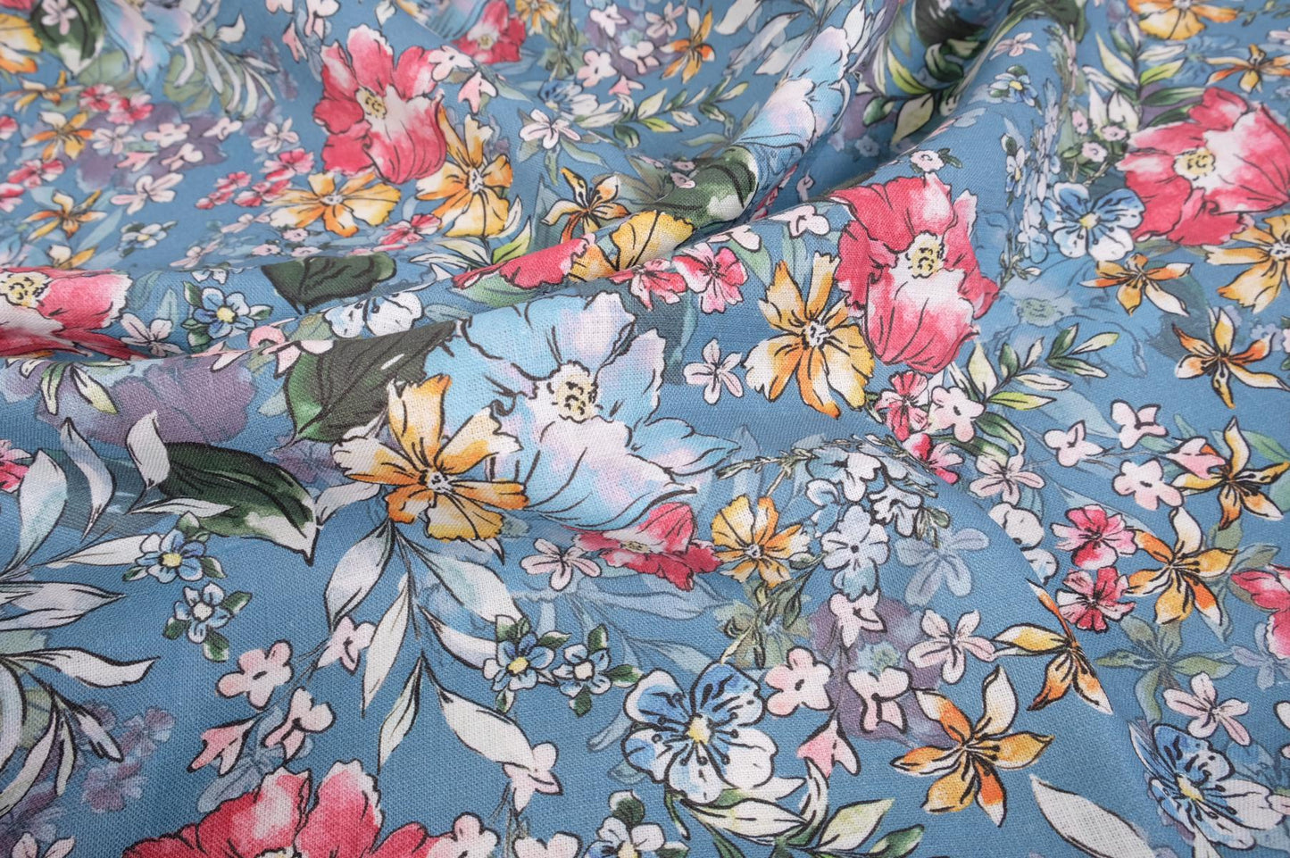 Floral  blue print linen fabric - 9903P
