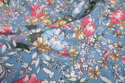 Floral  blue print linen fabric - 9903P