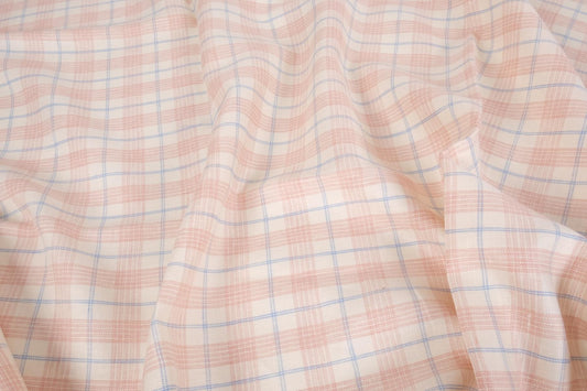 Pink offwhite check - twill - linen fabric - 642M
