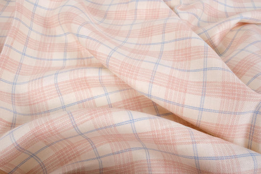 Pink offwhite check - twill - linen fabric - 642M