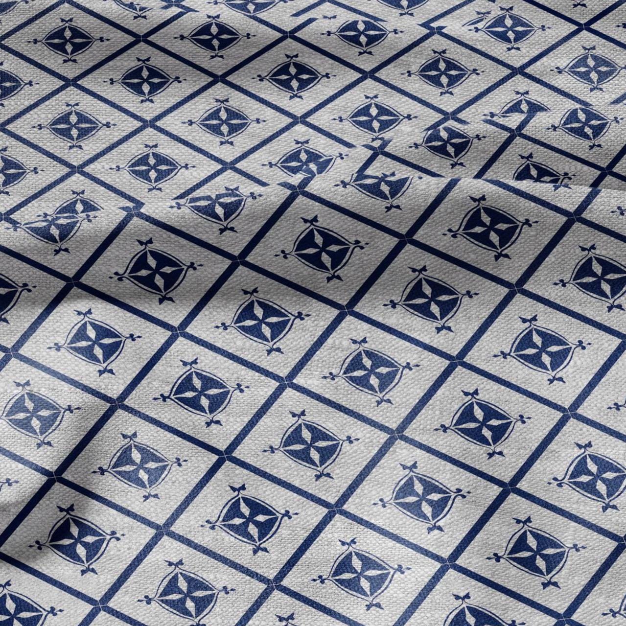 100% LINEN Fabric indigo blue Diamond stripes - geometric print on oatmeal linen for home decor sewign dress clothing 2970