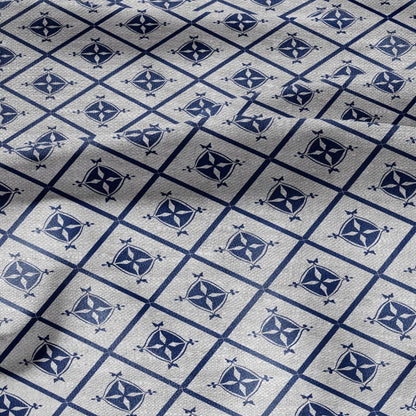 100% LINEN Fabric indigo blue Diamond stripes - geometric print on oatmeal linen for home decor sewign dress clothing 2970