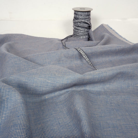Finest medium linen fabric -  houndstooth natural blue  - 9955P