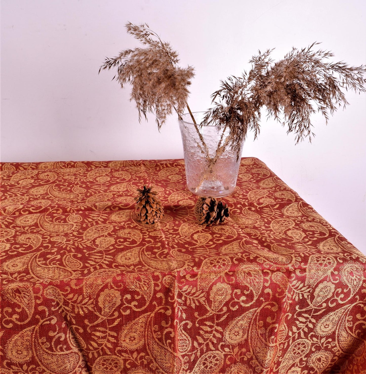 Red  - golden leaves - linen tablecloth