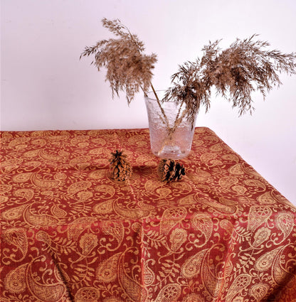 Red  - golden leaves - linen tablecloth