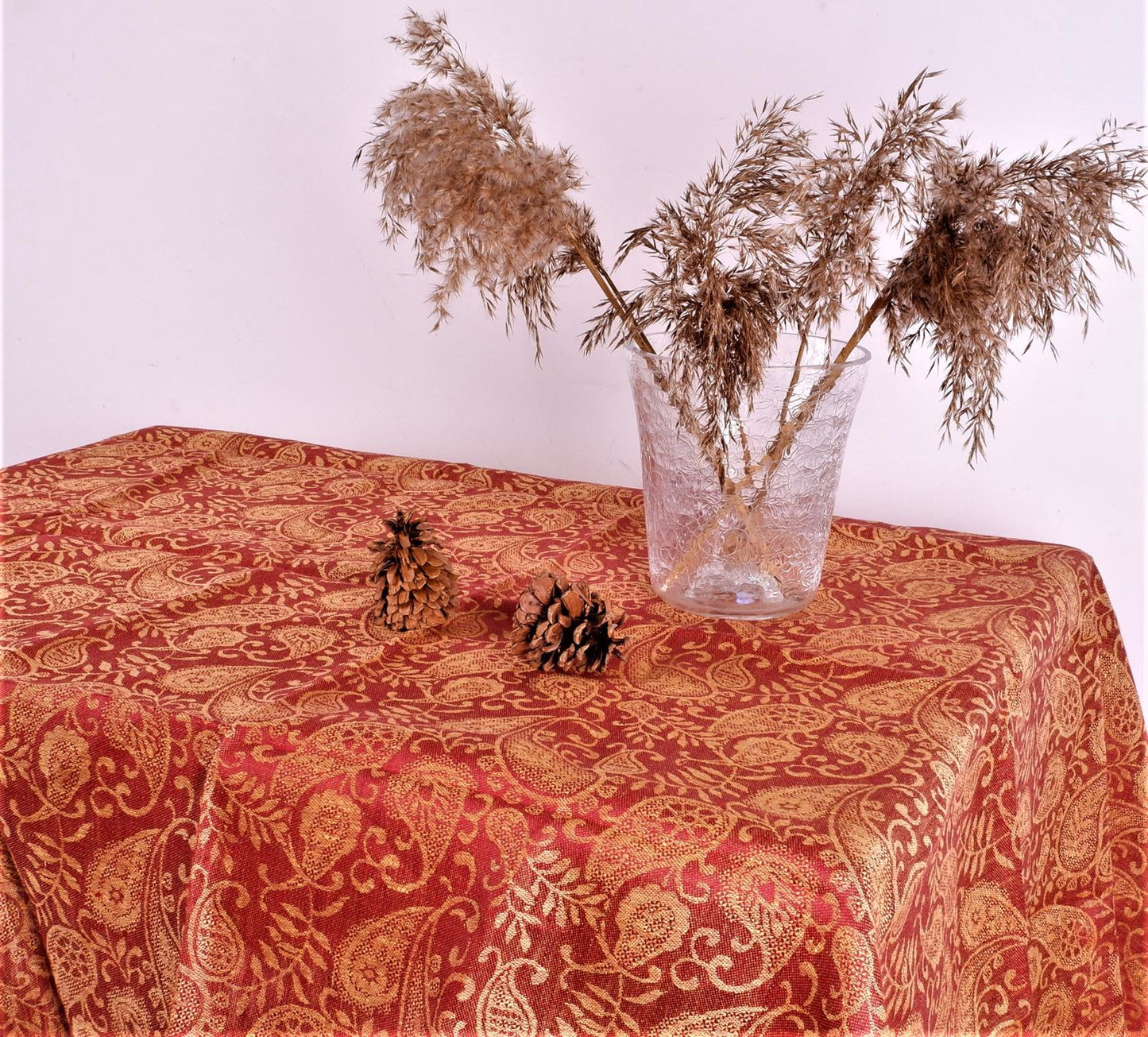 Red  - golden leaves - linen tablecloth