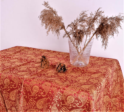 Red  - golden leaves - linen tablecloth