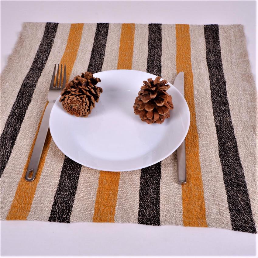 Natur - black yellow - striped linen napkin - French stripes